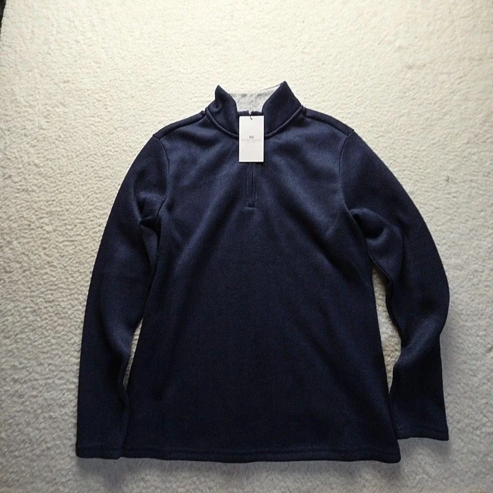 Thomas Sterling Sweater Mens Medium Blue Herringbone Fleece Mock Neck Pullover
